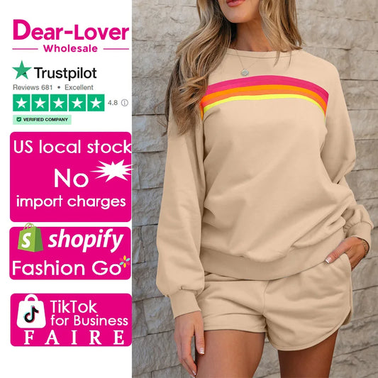 Dear-Lover US Warehouse No Import Charges Wholesale Bonbon Striped Accent Pullover and Shorts Two Piece Casual Set