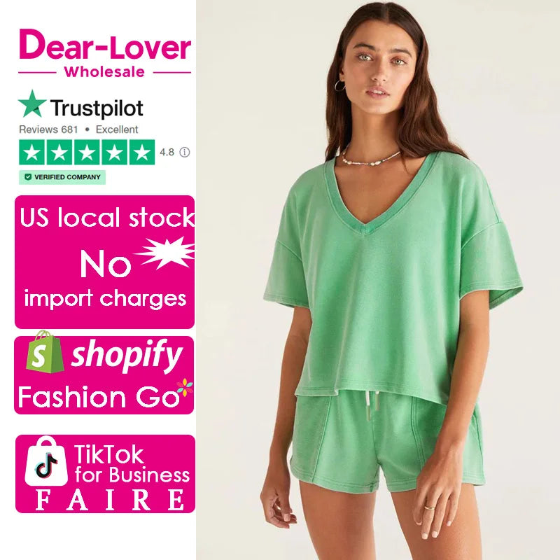 Dear-Lover US Warehouse No Import Charges Mint Green V Neck Drop Shoulder Tee and Patchwork Drawstring Shorts Women Set