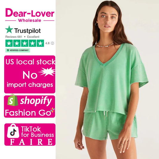 Dear-Lover US Warehouse No Import Charges Mint Green V Neck Drop Shoulder Tee and Patchwork Drawstring Shorts Women Set