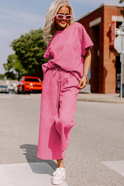 Dear-Lover US Warehouse No Import Charges Strawberry Pink Textured Loose Fit T Shirt and Drawstring Pants Set