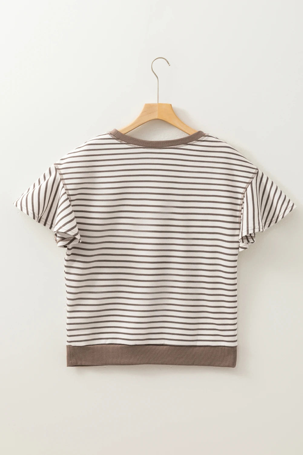 Dear-Lover US Warehouse No Import Charges Wholesale Parchment Contrast Detail Striped Ruffle Short Sleeve Knit Casual Women Tops