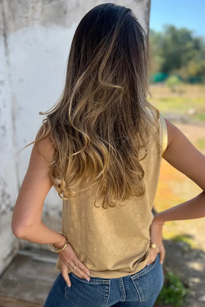Dear-Lover US Warehouse No Import Charges Wholesale Lady Fashion Summer Tan Metallic Sheen Edge Scoop Neck Women Tank Top