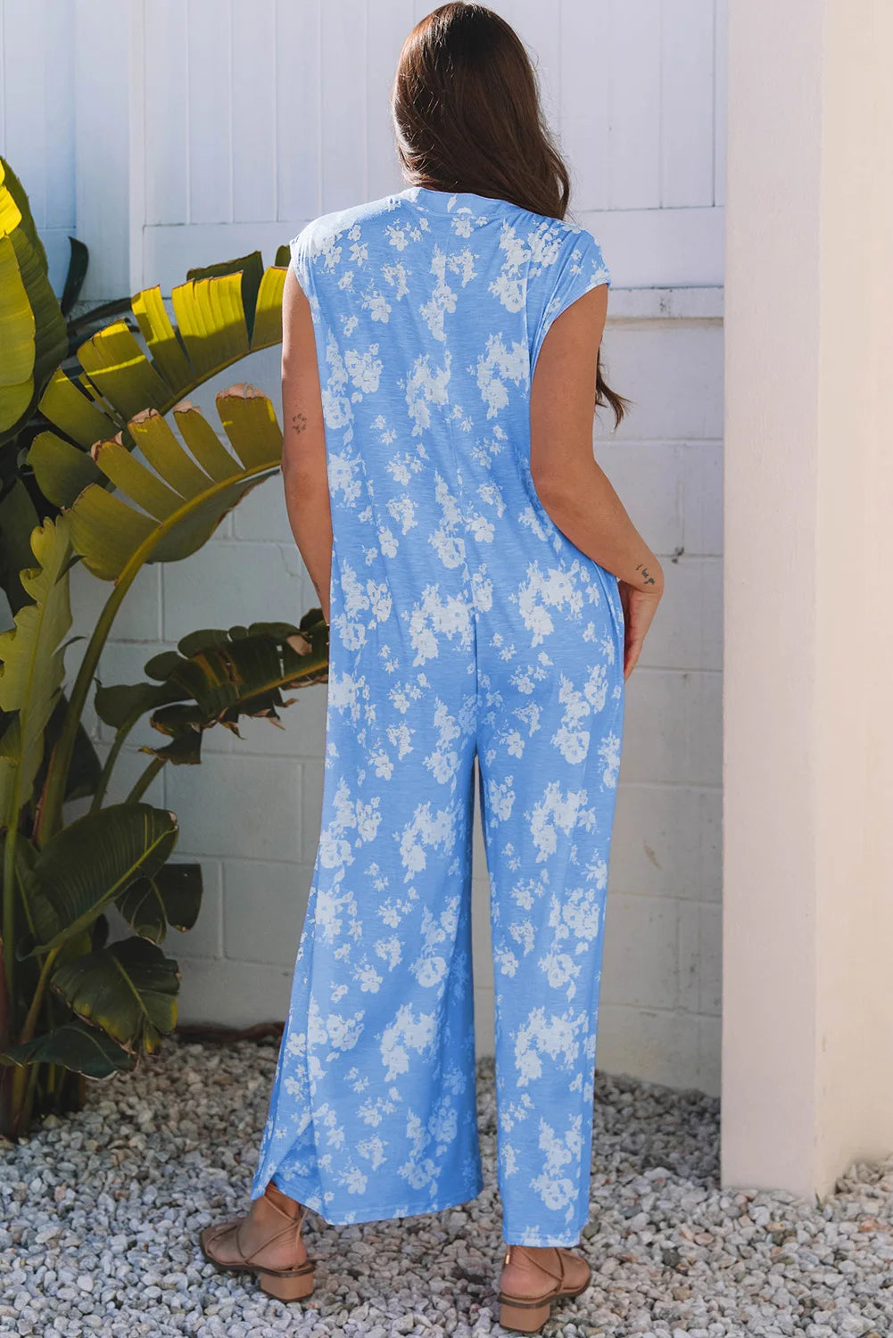 Dear-Lover US Warehouse No Import Charges Myosotis Floral Print Half Button Wide Leg Relaxed Sleeveless Jumpsuit