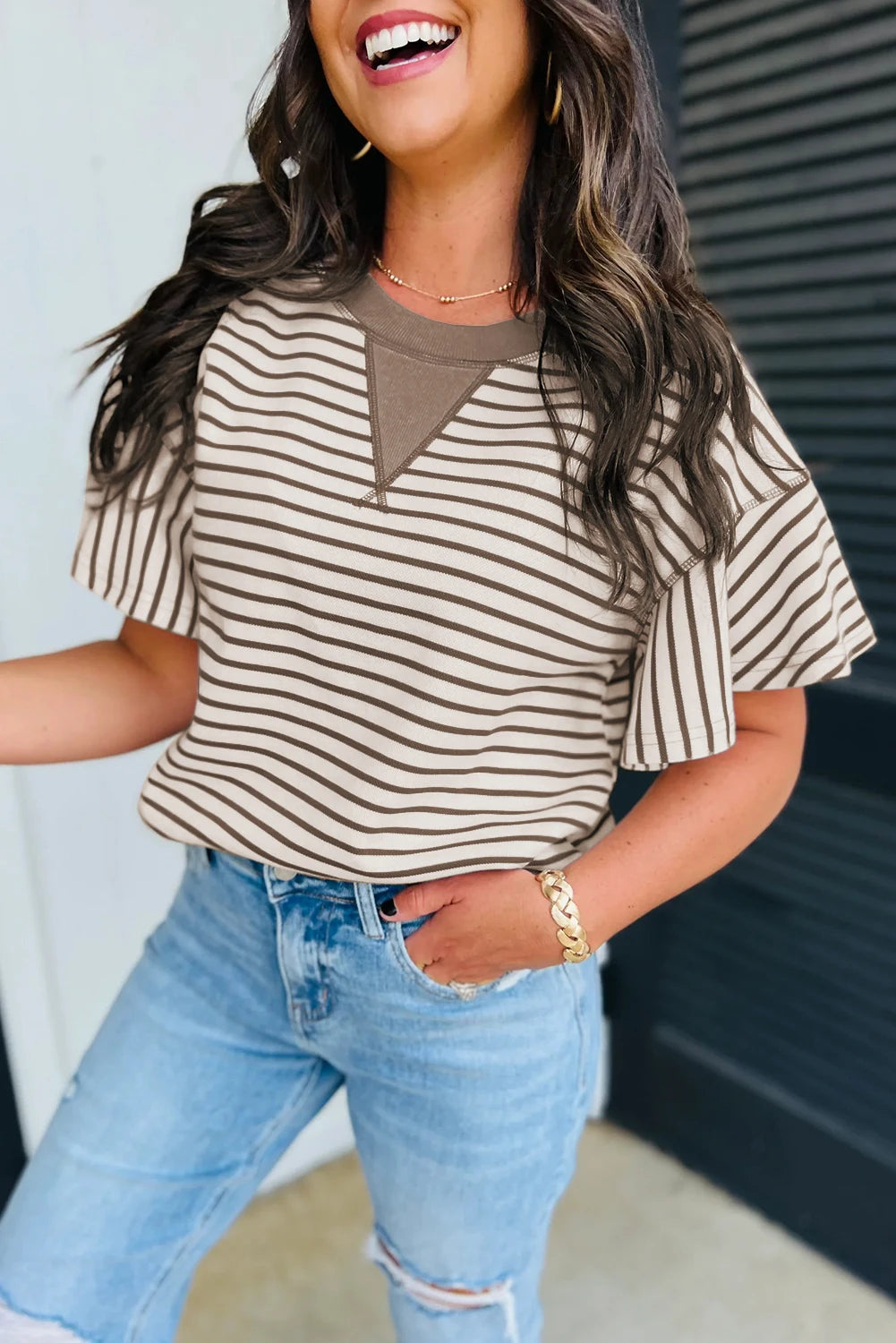 Dear-Lover US Warehouse No Import Charges Wholesale Parchment Contrast Detail Striped Ruffle Short Sleeve Knit Casual Women Tops
