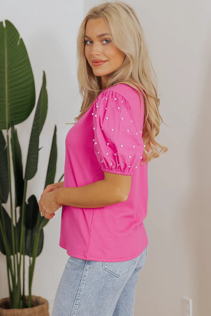 Dear-Lover US Warehouse No Import Charges Trendy Bright Pink Ribbed Pearl Beaded Puff Sleeve Tops for Women