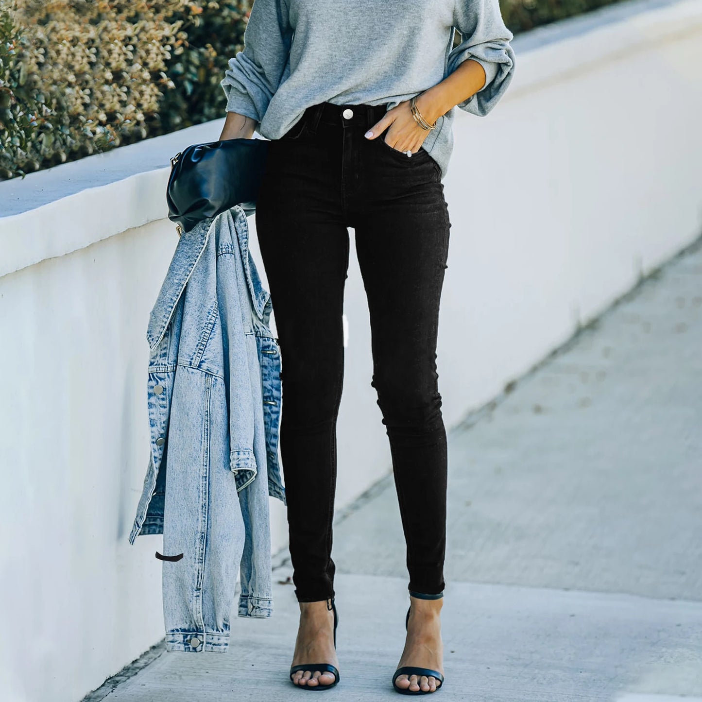 Hot Sale Black Full-Length Skinny Pencil Denim Jeans Pants for Women Moms High Stretch Elegant Elastic Legging Casual for Summer