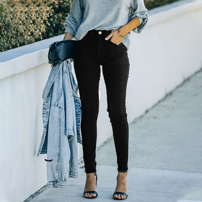 Hot Sale Black Full-Length Skinny Pencil Denim Jeans Pants for Women Moms High Stretch Elegant Elastic Legging Casual for Summer