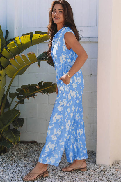 Dear-Lover US Warehouse No Import Charges Myosotis Floral Print Half Button Wide Leg Relaxed Sleeveless Jumpsuit