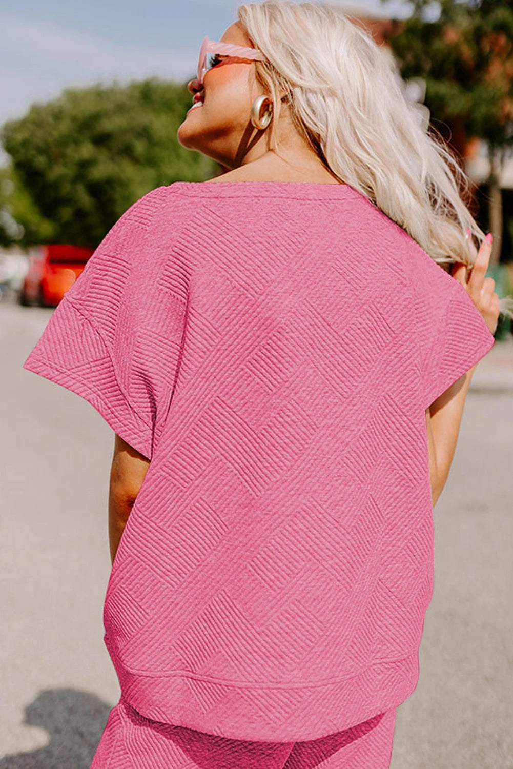 Dear-Lover US Warehouse No Import Charges Strawberry Pink Textured Loose Fit T Shirt and Drawstring Pants Set