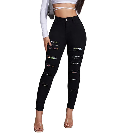 China Manufacturer Women Fashion Black Stretchy Mid Waist Ripped Feet Long Legging Pencil Denim Jeans Pants With Wholesale Price