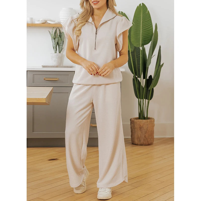 Dear-Lover US Warehouse No Import Charges Women Casual Textured Ruffled Sleeve Zipped Top and Wide Leg Pants 2 Piece Set Women