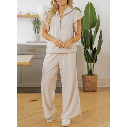 Dear-Lover US Warehouse No Import Charges Women Casual Textured Ruffled Sleeve Zipped Top and Wide Leg Pants 2 Piece Set Women