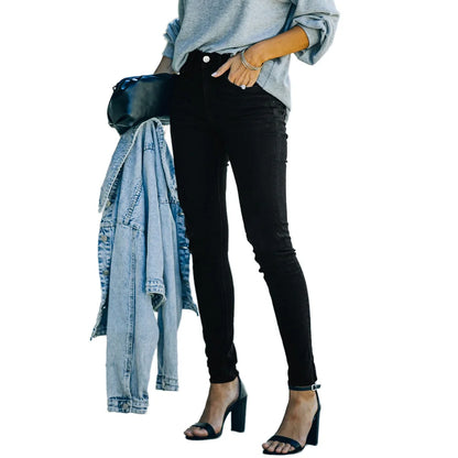 Hot Sale Black Full-Length Skinny Pencil Denim Jeans Pants for Women Moms High Stretch Elegant Elastic Legging Casual for Summer