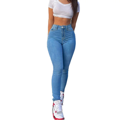 China Factory Wholesale All-Season Vintage Lady Skinny Pant High Stretch Light Blue Denim Pencil Pants Long Elastic Legging