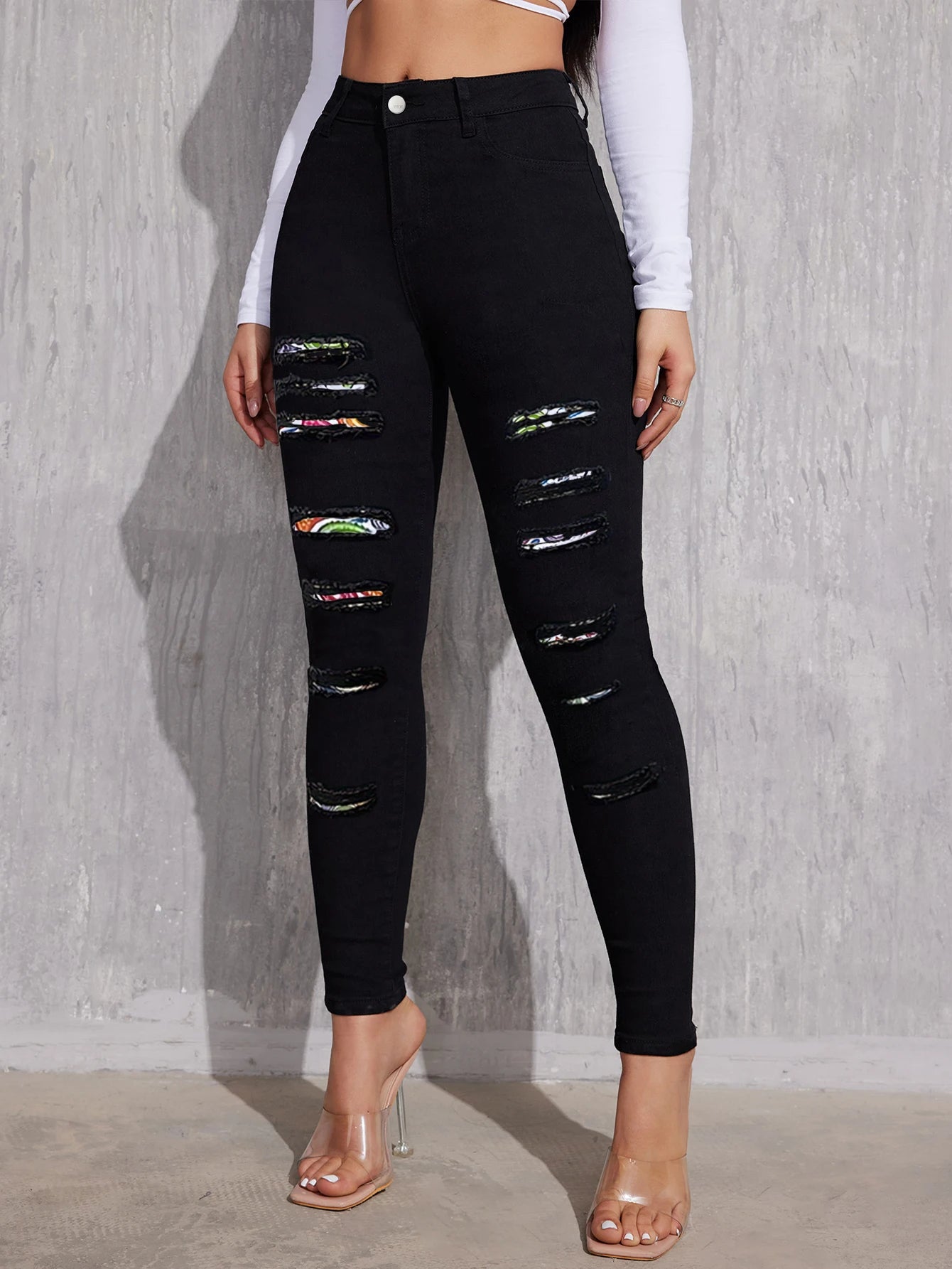 China Manufacturer Women Fashion Black Stretchy Mid Waist Ripped Feet Long Legging Pencil Denim Jeans Pants With Wholesale Price