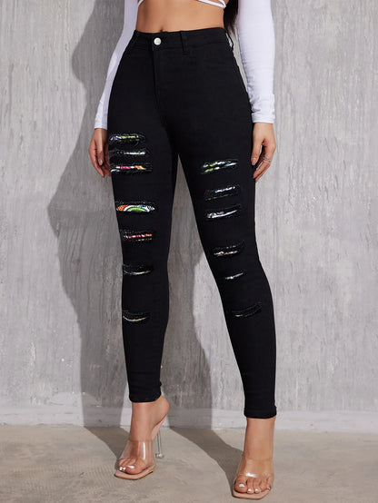 China Manufacturer Women Fashion Black Stretchy Mid Waist Ripped Feet Long Legging Pencil Denim Jeans Pants With Wholesale Price