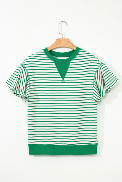 Dear-Lover US Warehouse No Import Charges Wholesale Parchment Contrast Detail Striped Ruffle Short Sleeve Knit Casual Women Tops