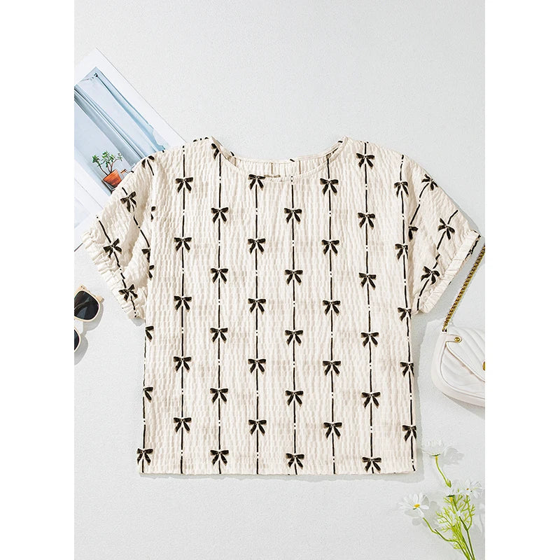Dear-Lover US Warehouse No Import Charges Wholesale Bow Print Puff Short Sleeve Top Blouse for Women Lady Casual