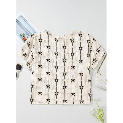 Dear-Lover US Warehouse No Import Charges Wholesale Bow Print Puff Short Sleeve Top Blouse for Women Lady Casual