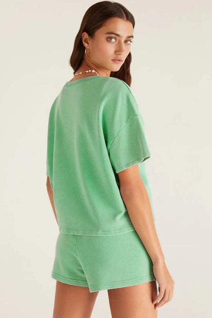 Dear-Lover US Warehouse No Import Charges Mint Green V Neck Drop Shoulder Tee and Patchwork Drawstring Shorts Women Set