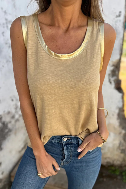 Dear-Lover US Warehouse No Import Charges Wholesale Lady Fashion Summer Tan Metallic Sheen Edge Scoop Neck Women Tank Top
