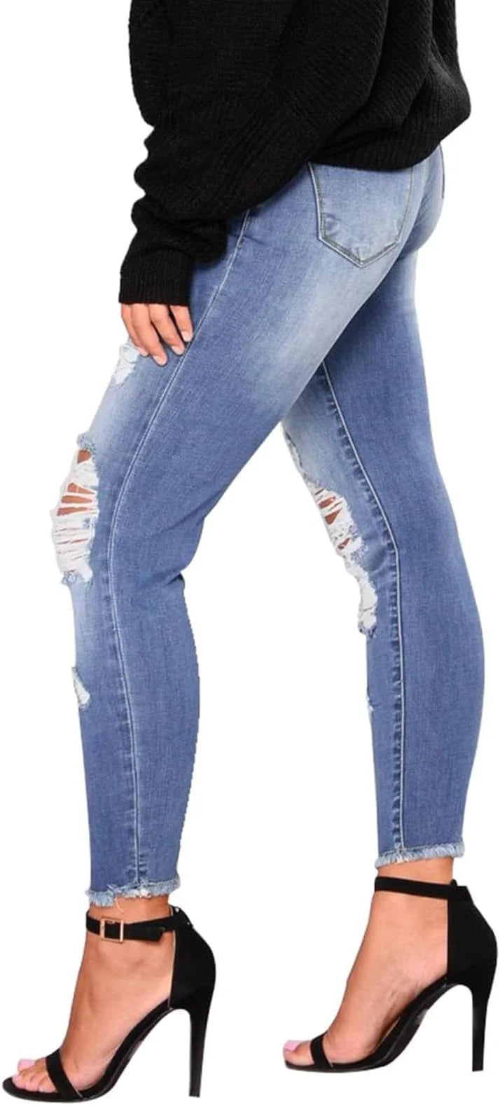 Direct Wholesale Sales Women's High Waist Ripped Skinny Black Jeans Elastic Slim Casual Style for Summer
