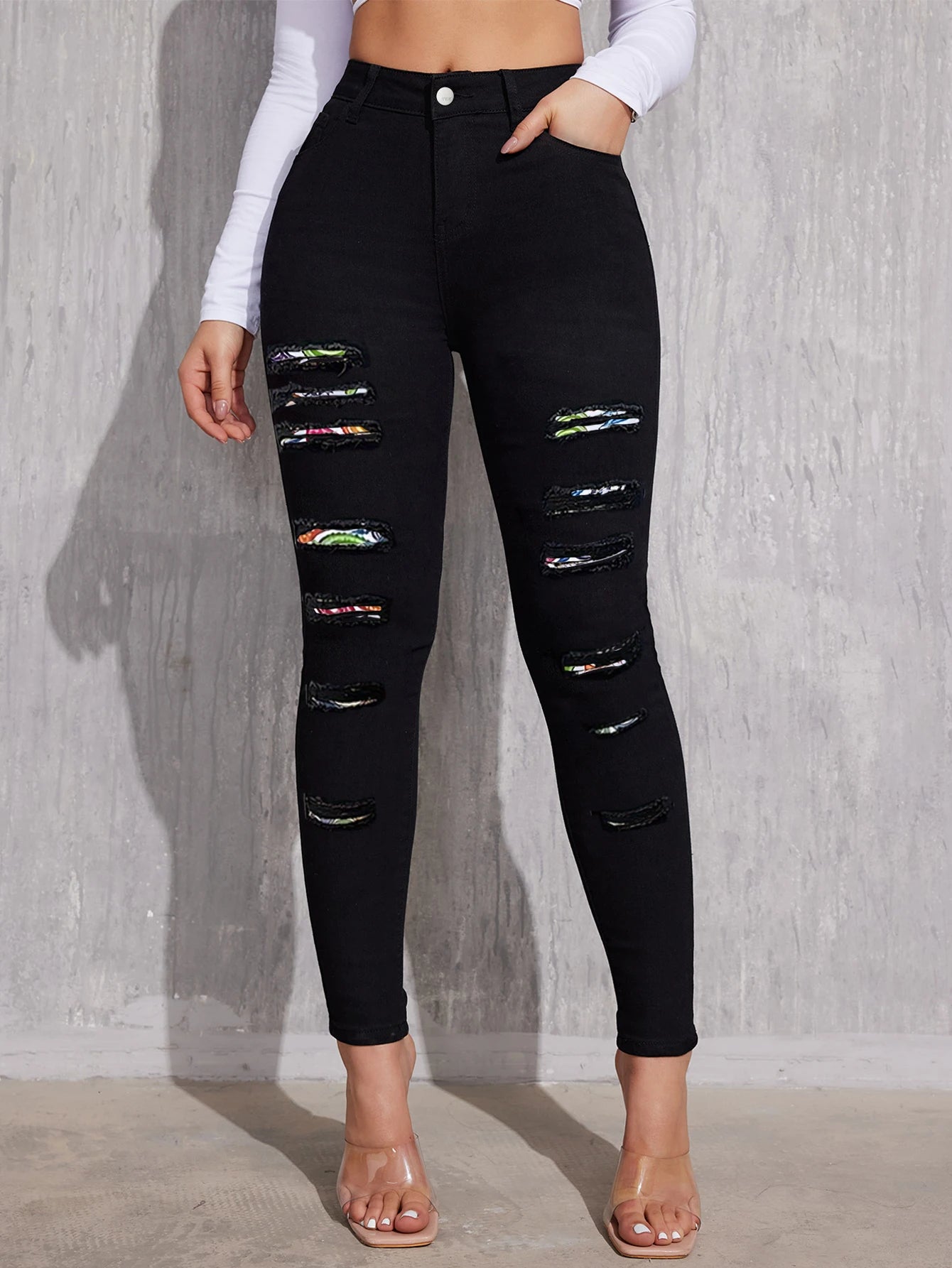 China Manufacturer Women Fashion Black Stretchy Mid Waist Ripped Feet Long Legging Pencil Denim Jeans Pants With Wholesale Price