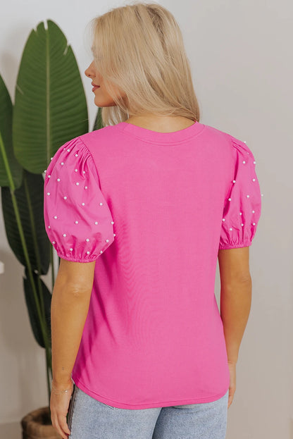 Dear-Lover US Warehouse No Import Charges Trendy Bright Pink Ribbed Pearl Beaded Puff Sleeve Tops for Women