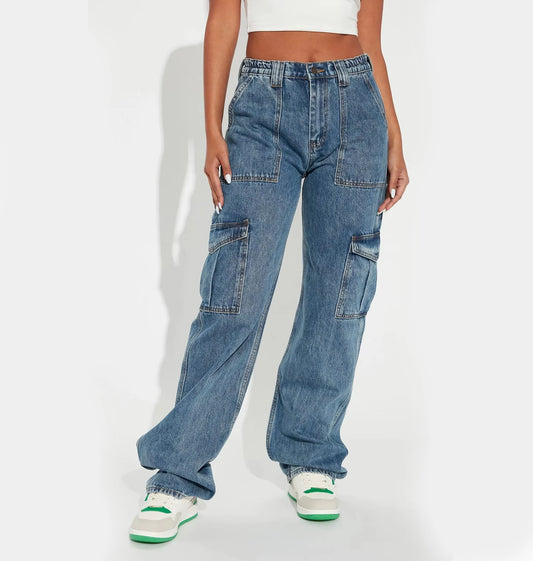 Custom High Quality Plus Size Baggy Jeans Women's Loose Denim Streetwear with Retro Wide Leg Large Pocket Workwear Cargo Pants
