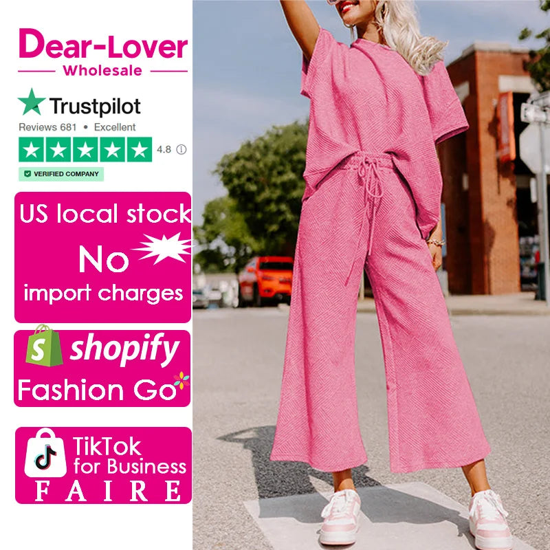 Dear-Lover US Warehouse No Import Charges Strawberry Pink Textured Loose Fit T Shirt and Drawstring Pants Set