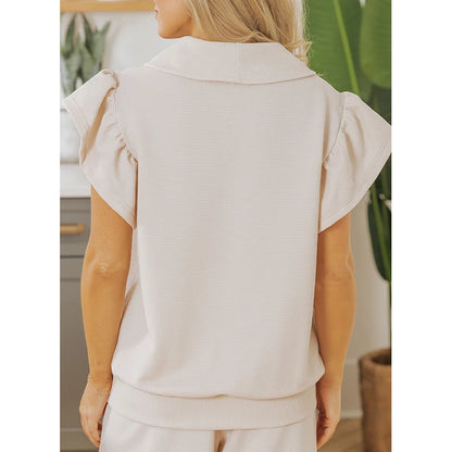 Dear-Lover US Warehouse No Import Charges Women Casual Textured Ruffled Sleeve Zipped Top and Wide Leg Pants 2 Piece Set Women