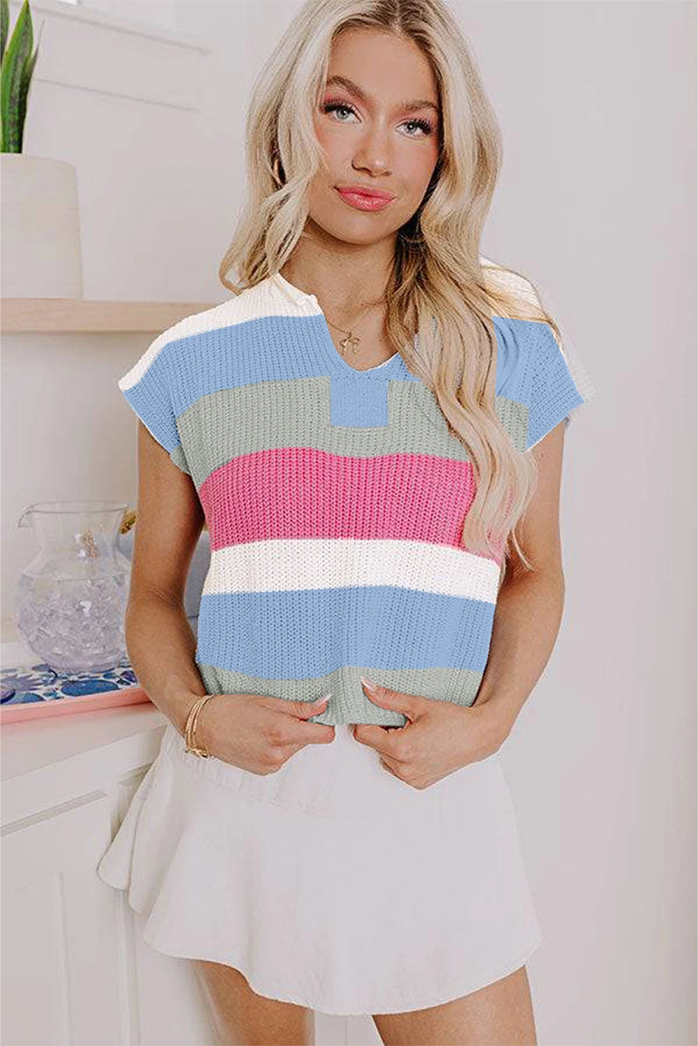 Dear-Lover US Warehouse No Import Charges Light Blue Color Block Notch V Neck Sweater T Shirt