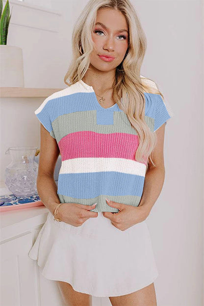 Dear-Lover US Warehouse No Import Charges Light Blue Color Block Notch V Neck Sweater T Shirt