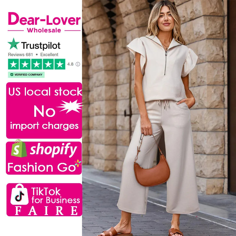 Dear-Lover US Warehouse No Import Charges Women Casual Textured Ruffled Sleeve Zipped Top and Wide Leg Pants 2 Piece Set Women