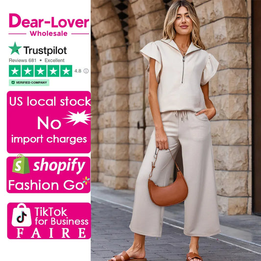 Dear-Lover US Warehouse No Import Charges Women Casual Textured Ruffled Sleeve Zipped Top and Wide Leg Pants 2 Piece Set Women