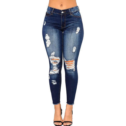Direct Wholesale Sales Women's High Waist Ripped Skinny Black Jeans Elastic Slim Casual Style for Summer