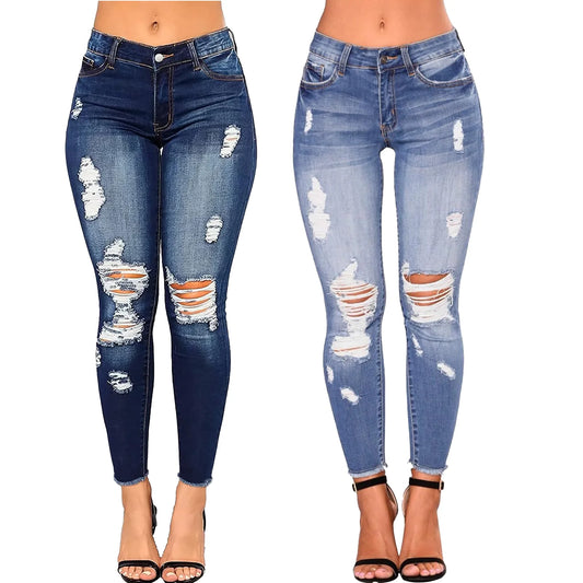 Direct Wholesale Sales Women's High Waist Ripped Skinny Black Jeans Elastic Slim Casual Style for Summer