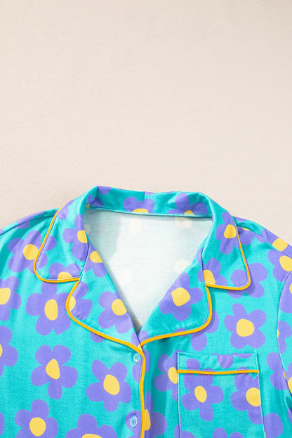 Dear-Lover US Warehouse No Import Charges Green Flower Print Short Sleeve Shirt Pajamas Set Women