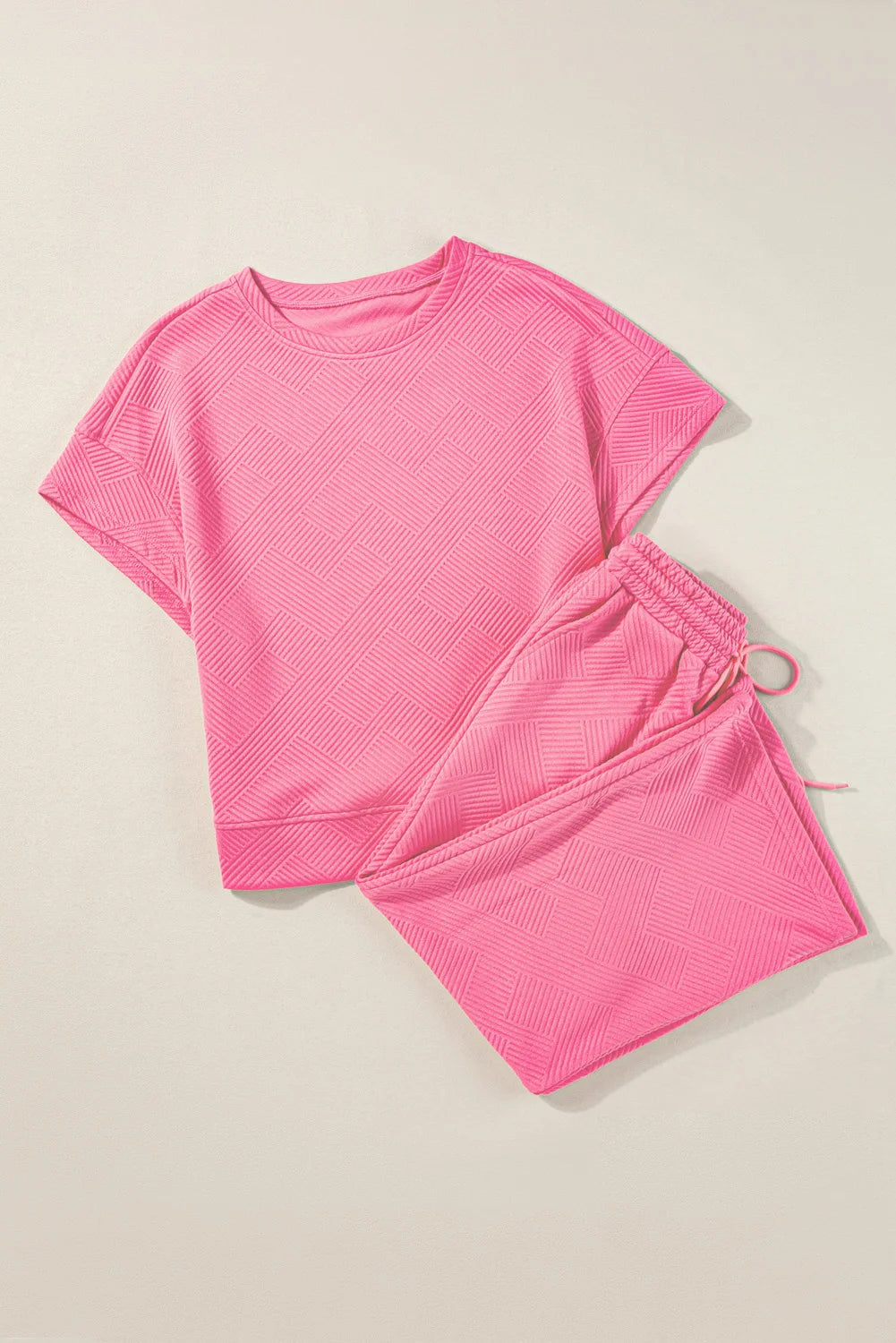 Dear-Lover US Warehouse No Import Charges Strawberry Pink Textured Loose Fit T Shirt and Drawstring Pants Set