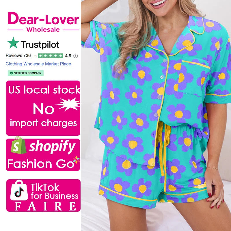 Dear-Lover US Warehouse No Import Charges Green Flower Print Short Sleeve Shirt Pajamas Set Women