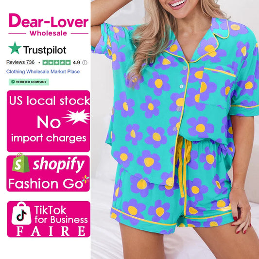 Dear-Lover US Warehouse No Import Charges Green Flower Print Short Sleeve Shirt Pajamas Set Women