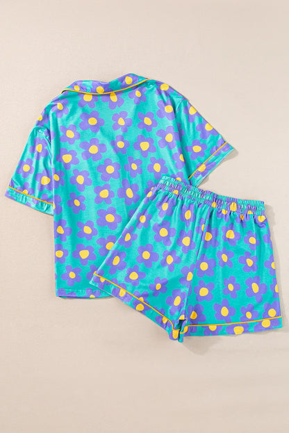 Dear-Lover US Warehouse No Import Charges Green Flower Print Short Sleeve Shirt Pajamas Set Women
