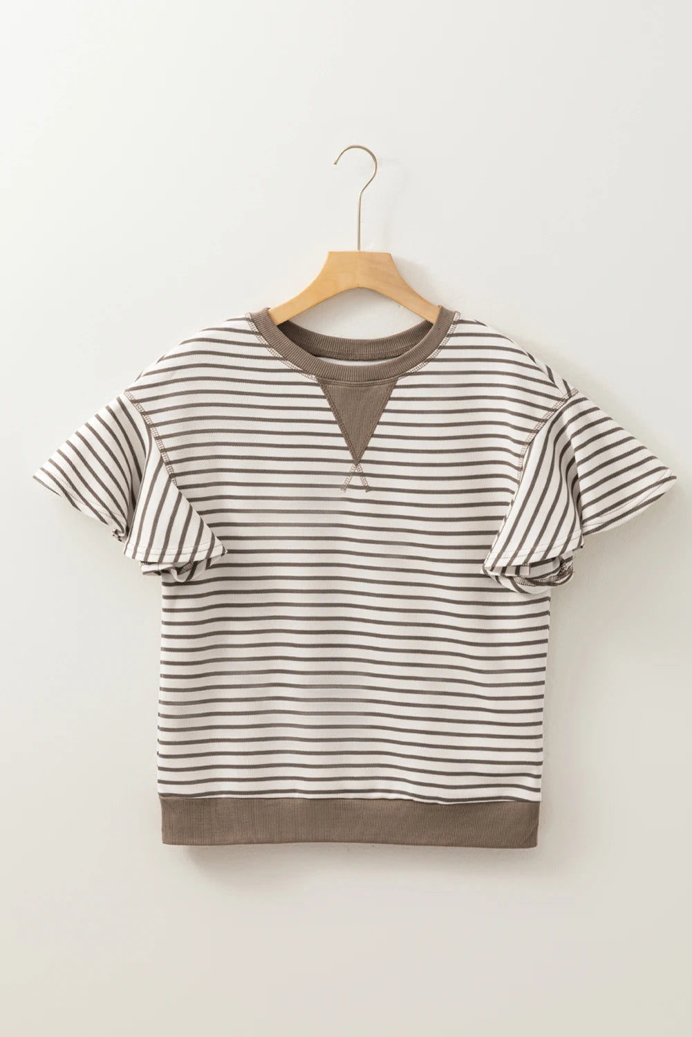 Dear-Lover US Warehouse No Import Charges Wholesale Parchment Contrast Detail Striped Ruffle Short Sleeve Knit Casual Women Tops