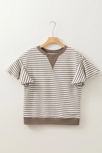 Dear-Lover US Warehouse No Import Charges Wholesale Parchment Contrast Detail Striped Ruffle Short Sleeve Knit Casual Women Tops