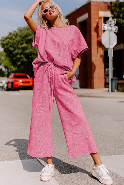 Dear-Lover US Warehouse No Import Charges Strawberry Pink Textured Loose Fit T Shirt and Drawstring Pants Set