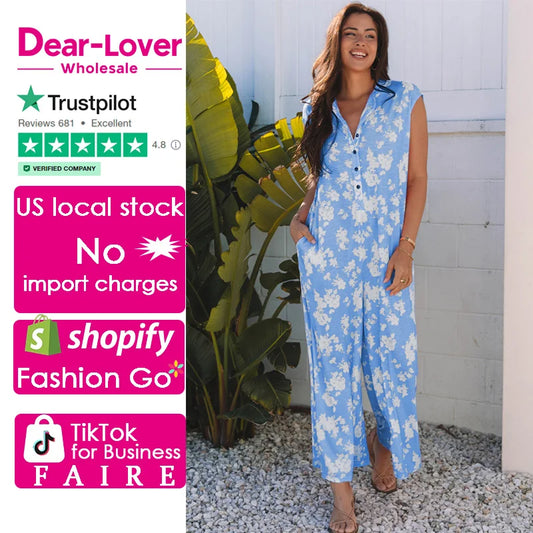 Dear-Lover US Warehouse No Import Charges Myosotis Floral Print Half Button Wide Leg Relaxed Sleeveless Jumpsuit