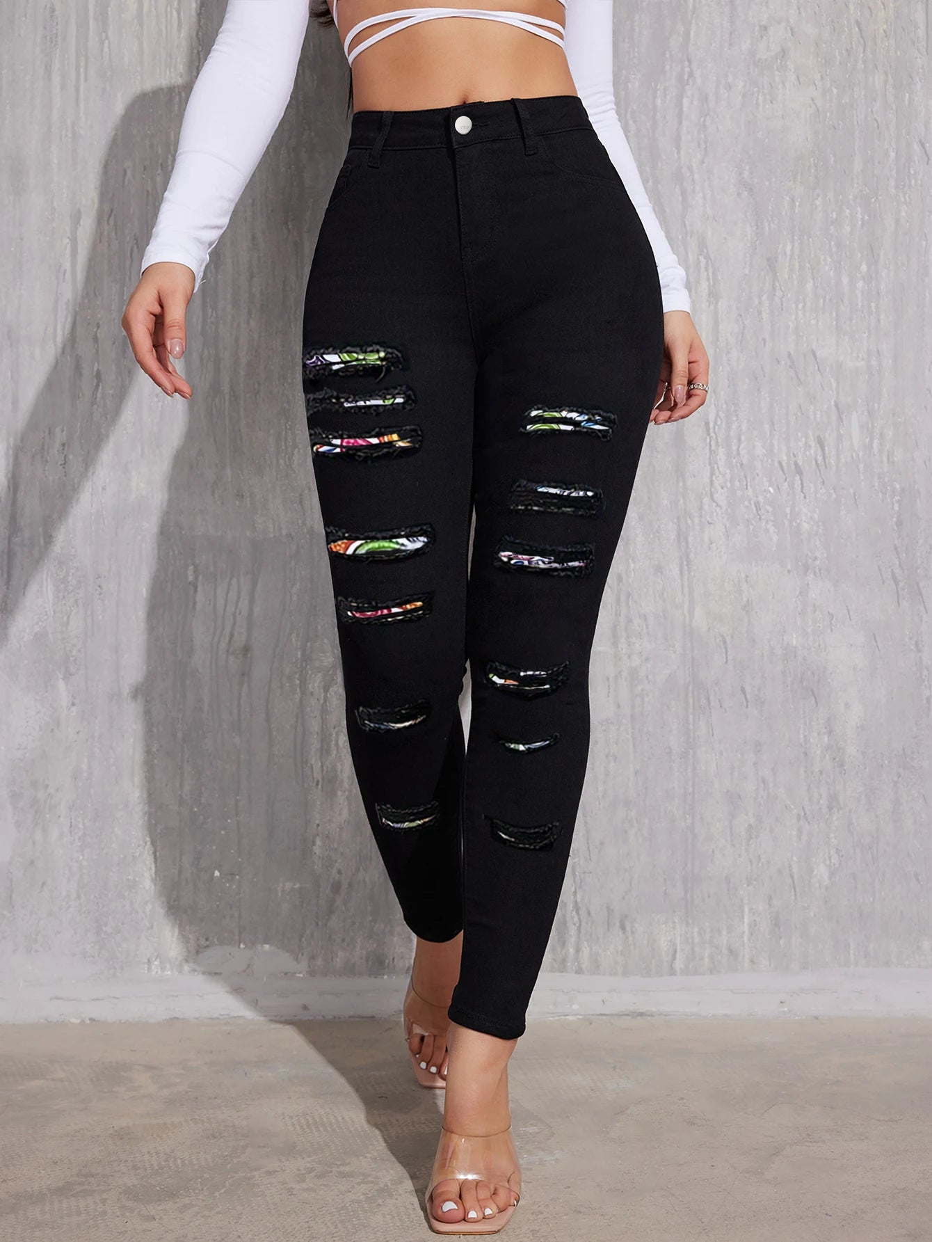 China Manufacturer Women Fashion Black Stretchy Mid Waist Ripped Feet Long Legging Pencil Denim Jeans Pants With Wholesale Price
