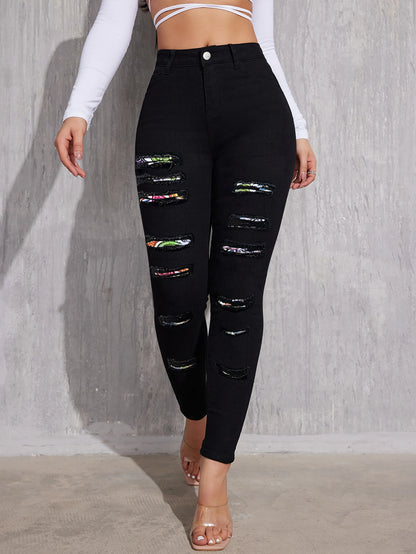 China Manufacturer Women Fashion Black Stretchy Mid Waist Ripped Feet Long Legging Pencil Denim Jeans Pants With Wholesale Price