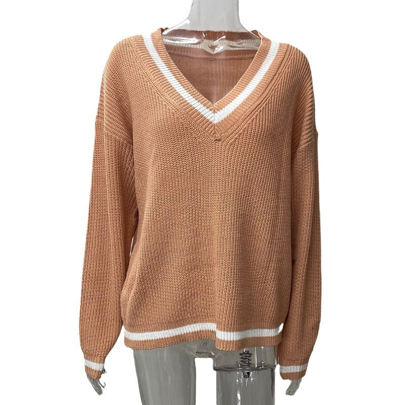 2025 New Deep V Neck Loose Knit Sweater Elegant Off Shoulder Womens Fashion Top