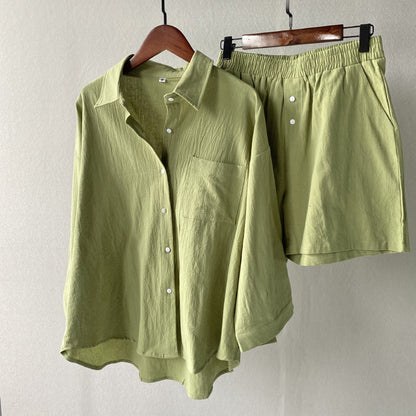 Vintage Plus Size 2-Piece Cotton-Linen Shirt Dress & High-Waisted Wide-Leg Shorts Summer Casual Outfit